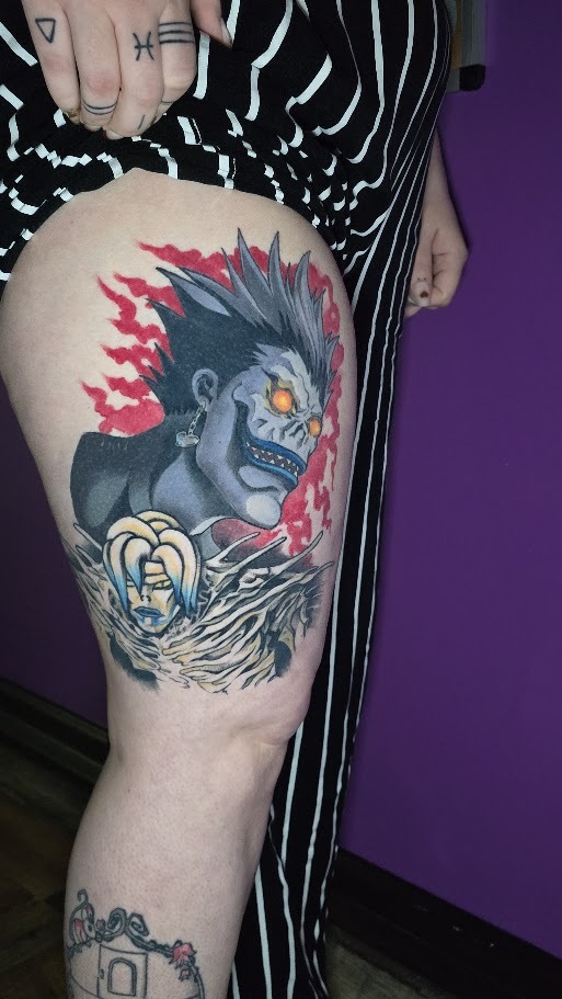 Full color Death Note thigh tattoo by Billy