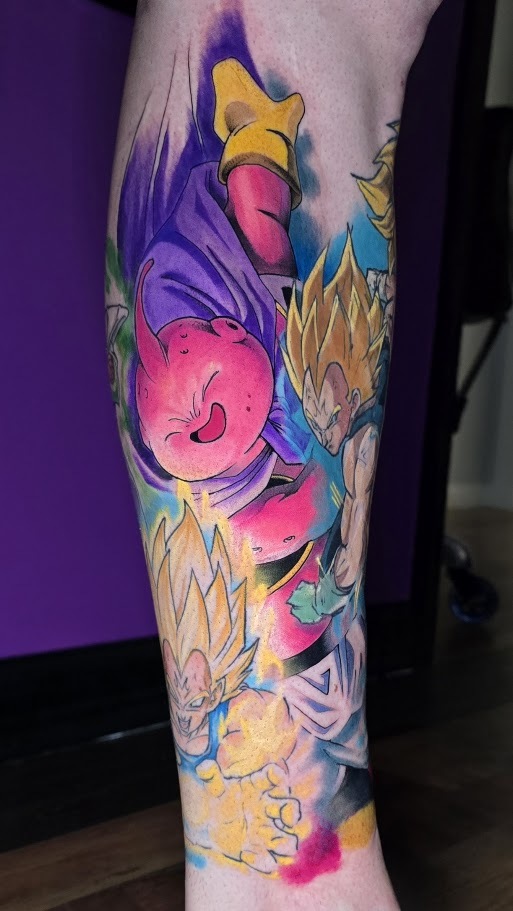 Full color Dragon Ball Z leg sleeve detail with Majin Buu and Vegeta by Billy