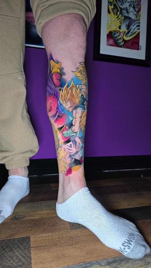 Front view of a full color Dragon Ball Z leg sleeve by Billy