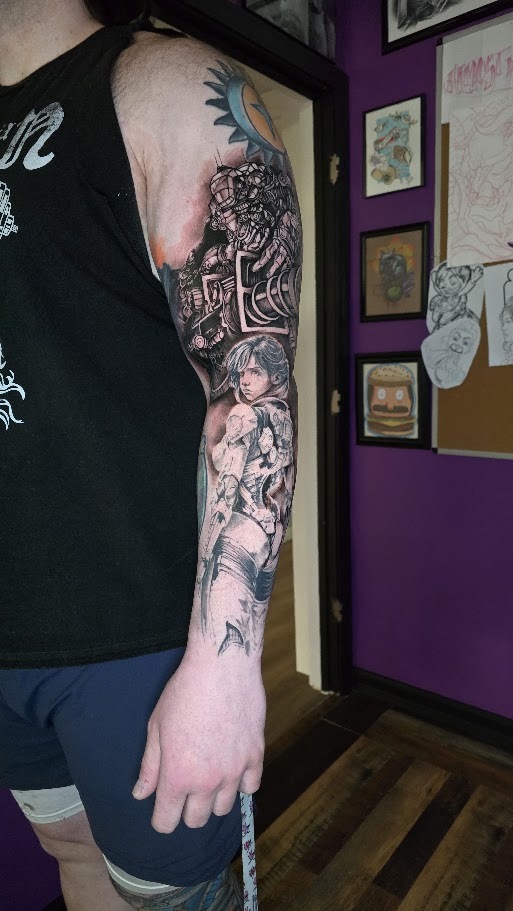 Black and grey manga and mecha sleeve tattoo by Billy