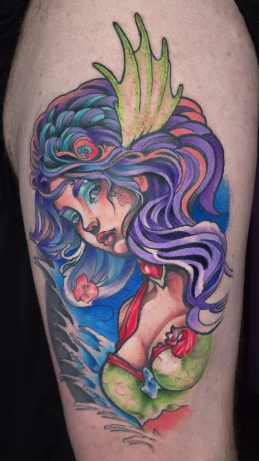 Full color mermaid thigh tattoo by Billy