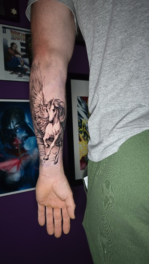 Fine line black and grey Pegasus forearm tattoo by Billy
