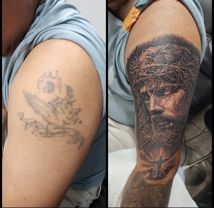 Before and after view of a black and grey Jesus portrait cover-up tattoo by Miguel