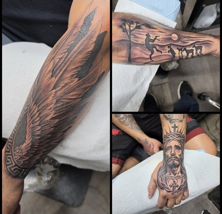 Collage of black and grey religious tattoos by Miguel including an angel wing, biblical scene, and crowned Jesus portrait